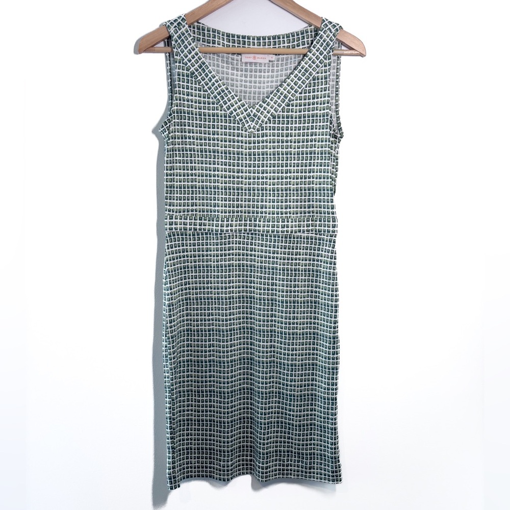 Tory Burch Green White Geometric Print 100% Silk Sleeveless V-Neck Midi Dress M